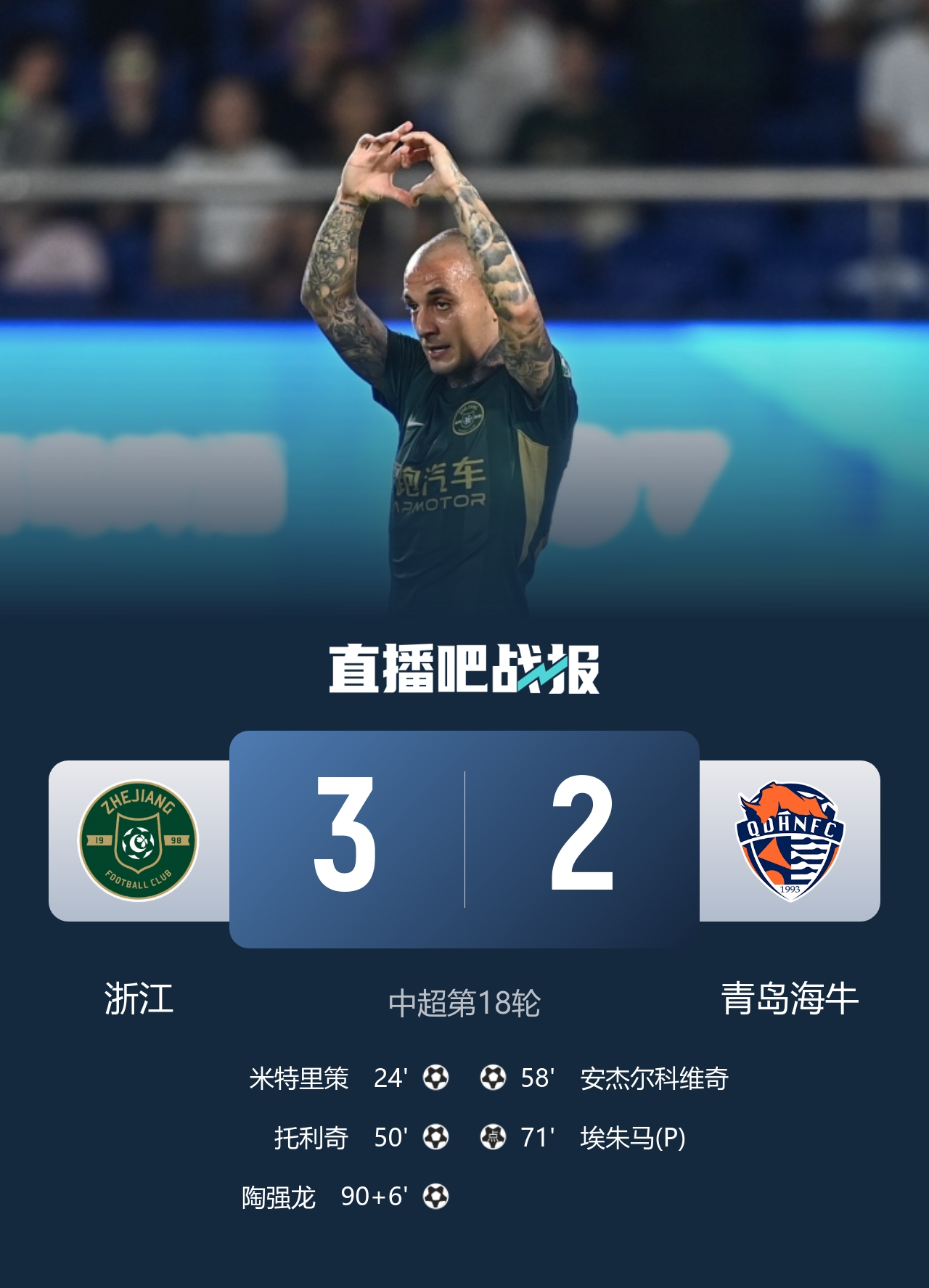 陶强龙替补绝杀，浙江3-2险胜海牛终结连败