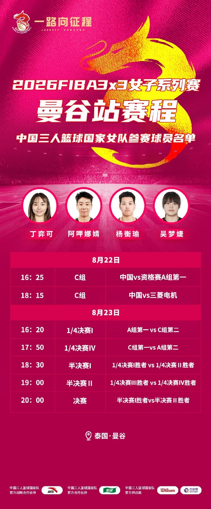 FIBA3x3系列赛曼谷站中国三人女篮名单:阿呷娜婧、吴梦婕在列